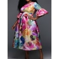 thumbnail image 1 of Plus Size Multicolor Watercolor Print Midi Dress, Round Neck Bell Sleeve Satin-Like Belted A-Line Party Dress, 1 of 1