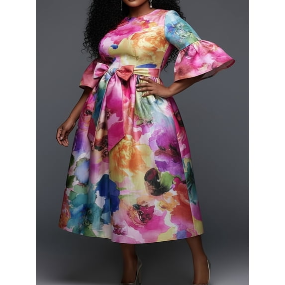 Plus Size Multicolor Watercolor Print Midi Dress, Round Neck Bell Sleeve Satin-Like Belted A-Line Party Dress