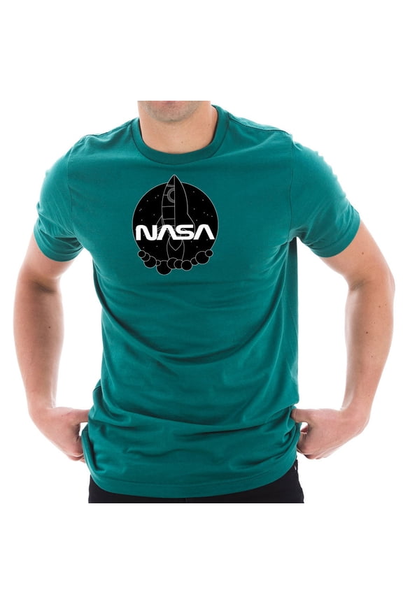Plus Size NASA Cartoon Rocket Designed Short Sleeve Cotton Jersey T-Shirt - Teal 3XL