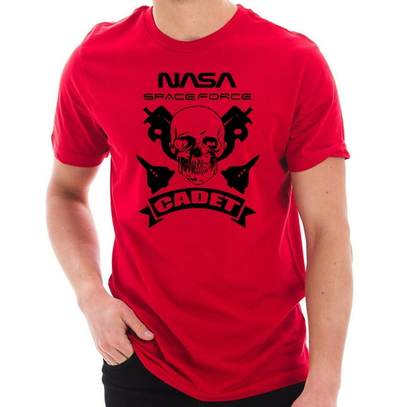 Plus Size NASA Space Force Cadet Skull Designed Short Sleeve Cotton Jersey T-Shirt - Red 2XL
