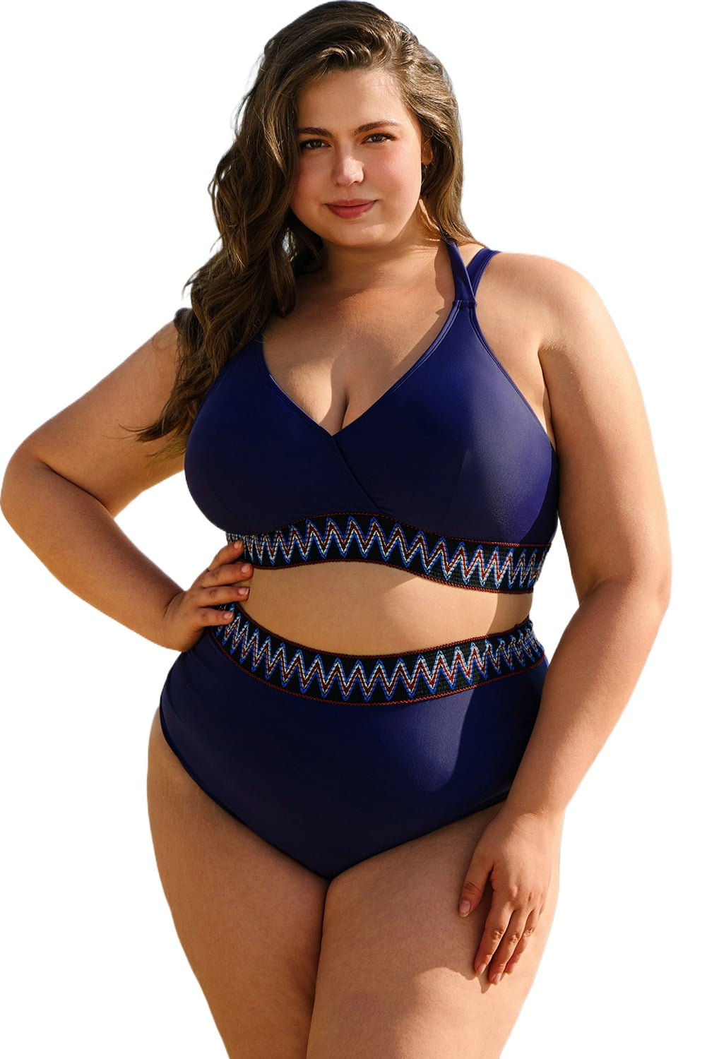 Plus Size Navy Blue Embroidered Trim Wrap Tie Knot High Waisted