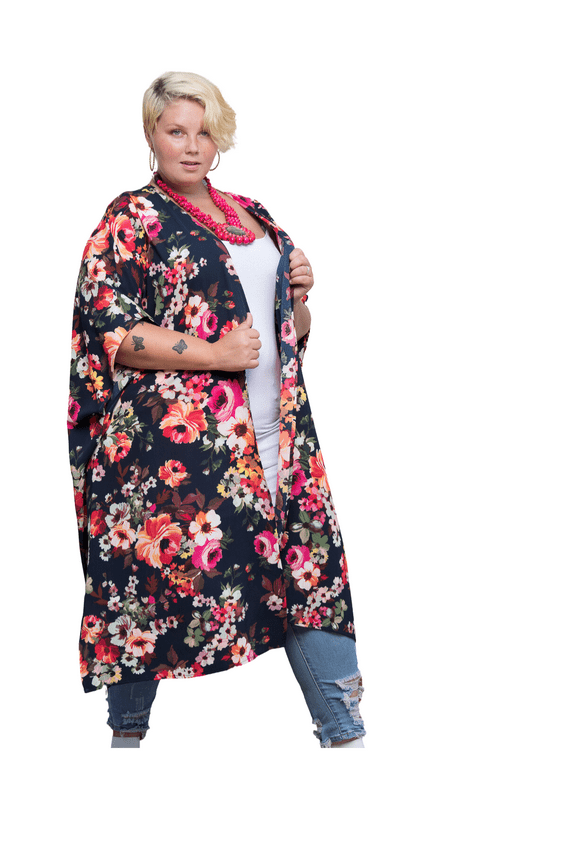 Plus Size Navy/Pink/Orange Floral Print Maxi Kimono Duster With Side Slits