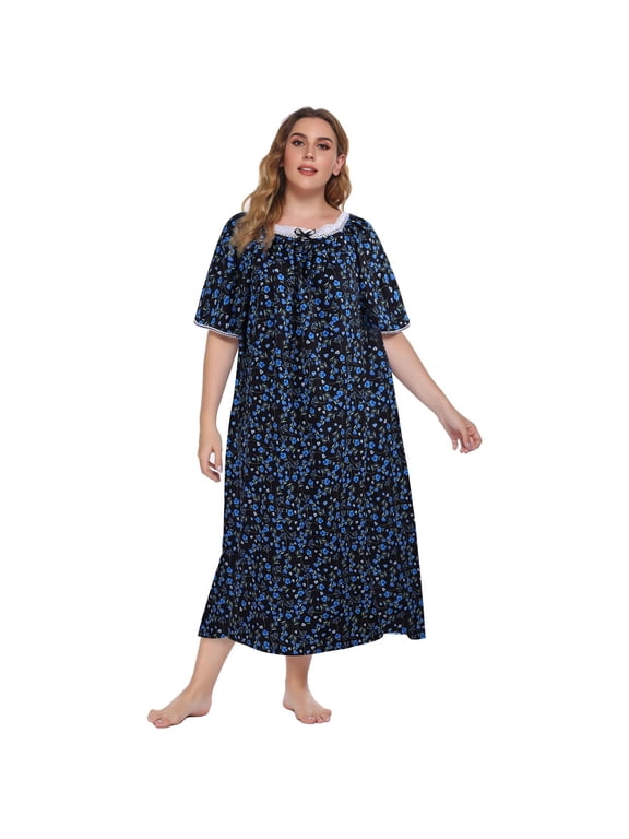 Plus Size Nightgown for Women Short Sleeve House Dress Vintage Lace Square Neck Night Gown Oversized Printed Mumu Duster Housecoat Soft Full Length Sleep Dress XL-5XL