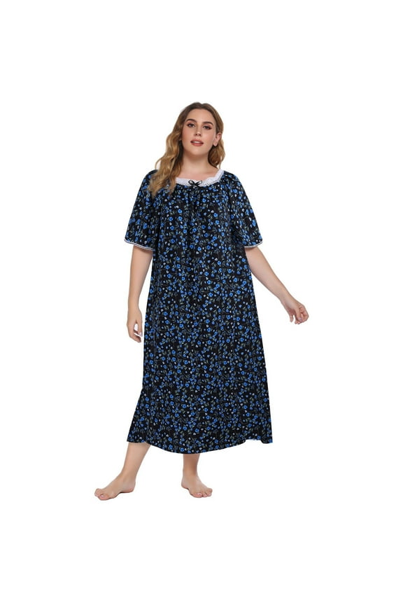 Plus Size Nightgown for Women Short Sleeve House Dress Vintage Lace Square Neck Night Gown Oversized Printed Mumu Duster Housecoat Soft Full Length Sleep Dress XL-5XL