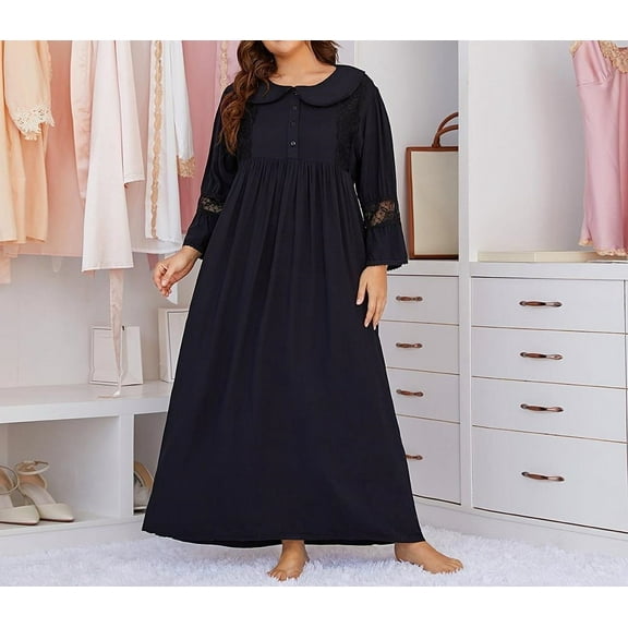 Plus Size Nightgown Women's Lace Long Sleeve Nightshirts Soft Oversize Checkered Sleepwear