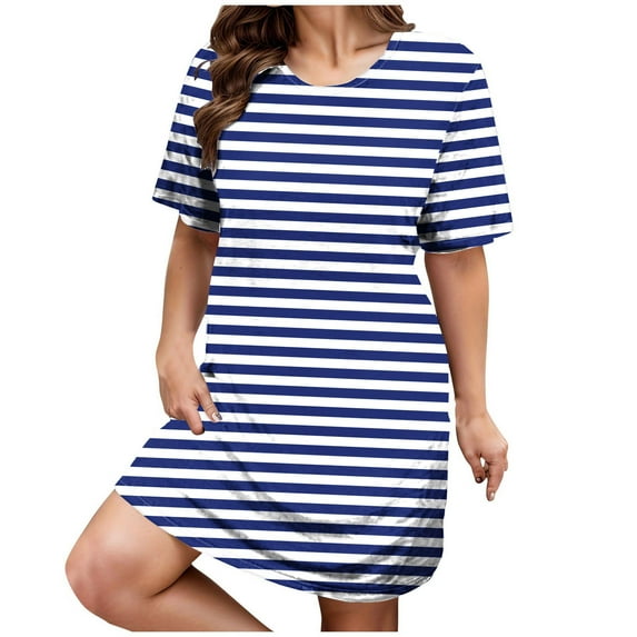 Plus Size Nightgown for Women Short Sleeve Cotton Nightdress Oversized Loose Short Sleep Dress Crew Neck Casual Dresses, Blue, XXXL