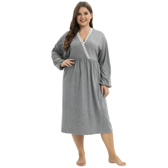Plus Size Nightgown for Womens Long Sleeve V Neck Crossover Sleepwear Soft Long House Lounge Dress Solid Color Nightdress Sleepdress, Gray XL-4XL
