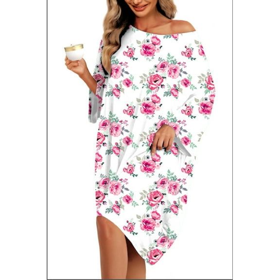 Plus Size Nightgowns: Syphorium Womens Nightgowns Plus Size Loose Casual Dropped Shoulders Dress Oversized Print Womens Loungewear with Pocket, One Size