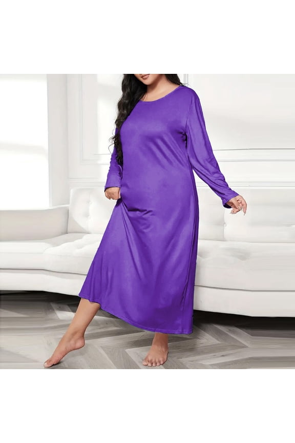 Plus Size Nightgowns for Women Seamless Silk Long Sleeve Crew Neck Sleep Dress