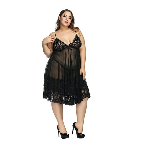 Plus Size Nightgowns for Women Sexy Spaghetti Strap V-Neck Lace Lingerie Dress Trendy Lightweight See-Through Solid Loose Sleepwear Sleepshirts M-6X
