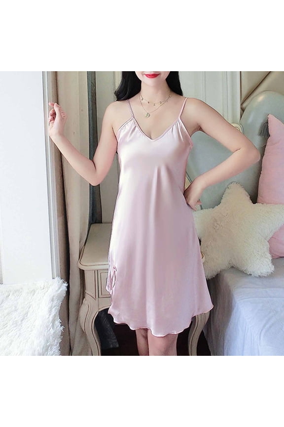 Plus Size Nightgowns for Women Silk Nightdress V Neck Lingerie Sleepwear Adjustable Spaghetti Strap Short Negligee Chemise Pink L
