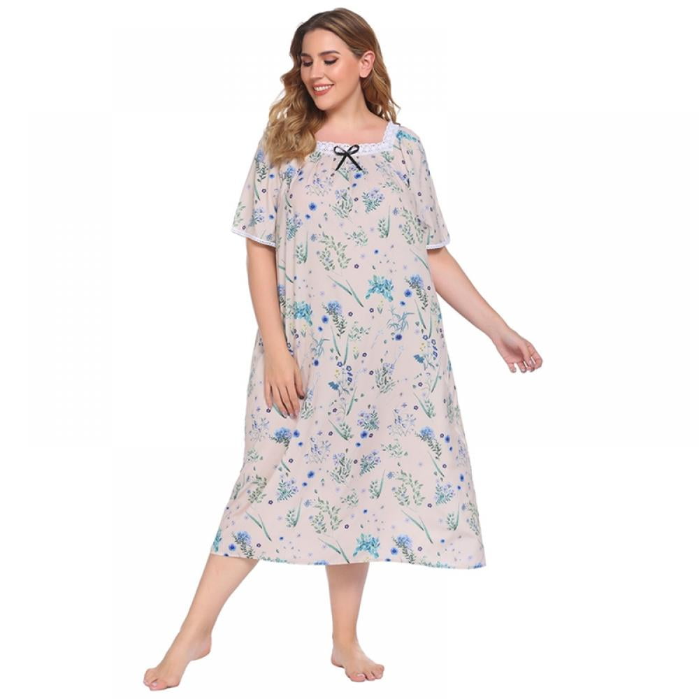 Plus Size Nightgowns for Women Soft Cotton Sleepwear Floral House Dress  Short Sleeve Comfy Night Dress 