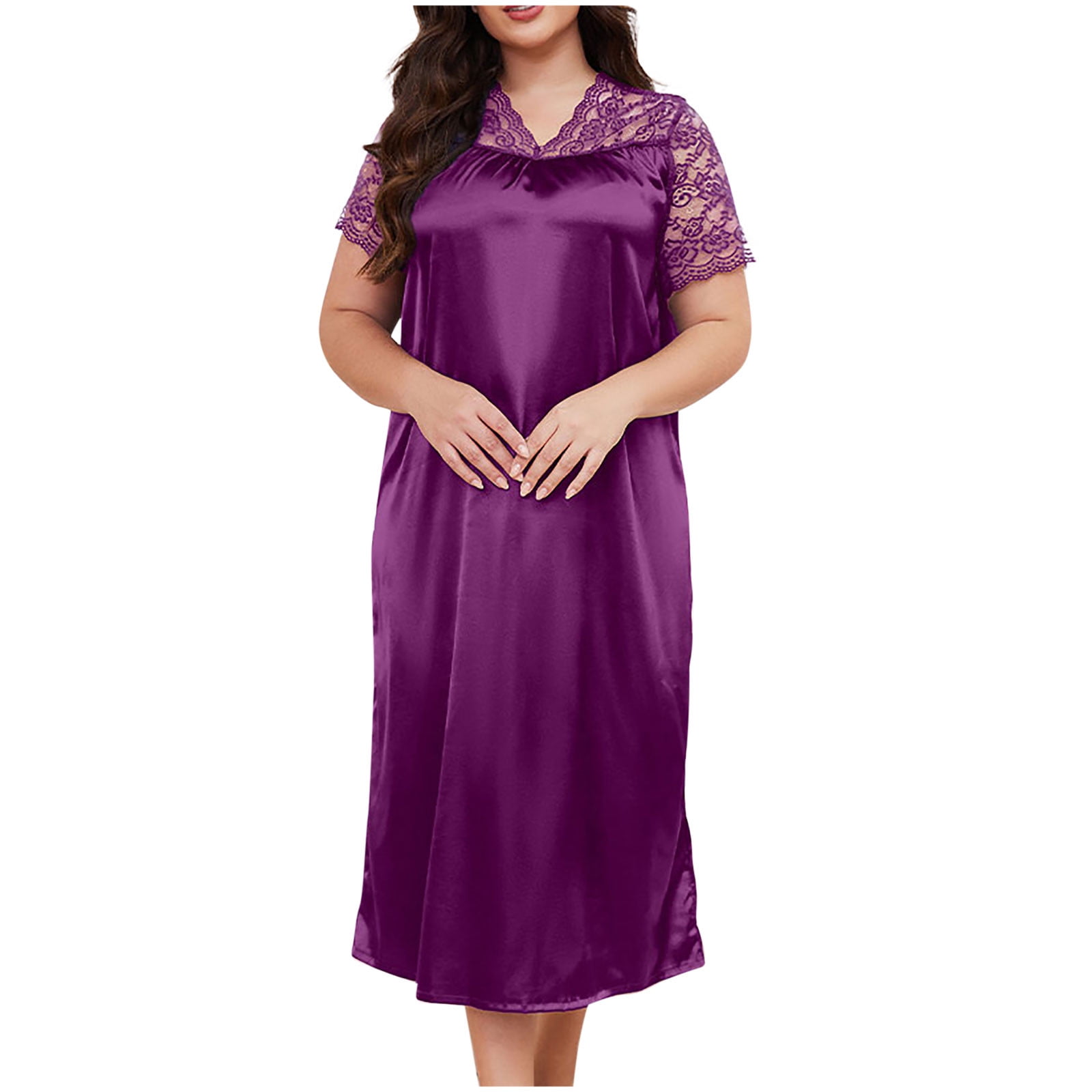 Women Plus Size Pajamas V Neck Nightshirt Ruffle Short Sleeve Loungewear Nightgowns