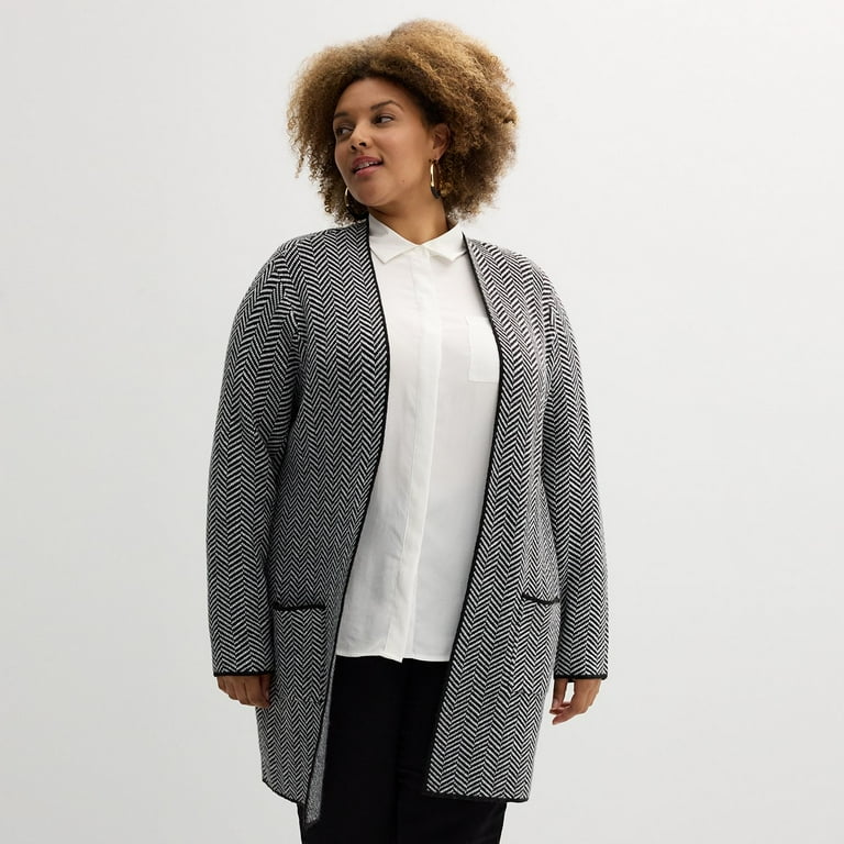 Plus Size Nine West Clean Collar Coatigan Color: Black Tweed Size