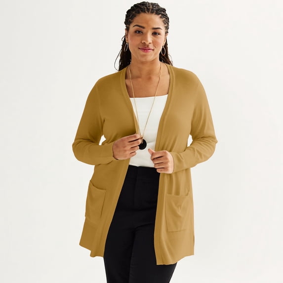 Plus Size Nine West Essential Pocketed Cardigan Color: Elmore Tan Size: 1X