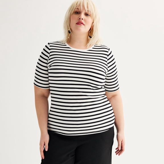 Plus Size Nine West Fitted Elbow Sleeve Top Color: Black White Size: 2X