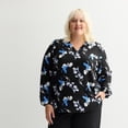 thumbnail image 1 of Plus Size Nine West Long Bishop Sleeve V-Neck Tunic Color: Black Beryl Floral Size: 2X, 1 of 4