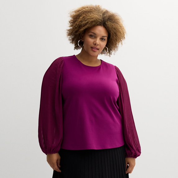 Plus Size Nine West Mixed Long Puff Sleeve Crewneck Top Color: Australian Orchid Size: 0X