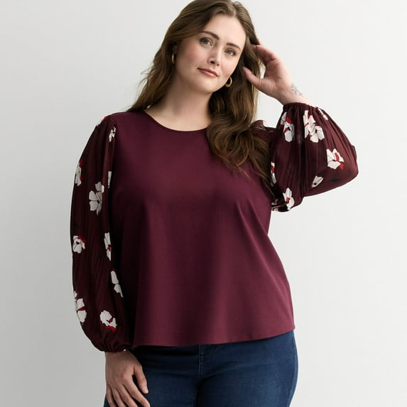 Plus Size Nine West Mixed Media Puff Sleeve Top Color: Plum Kiki Floral Size: 2X