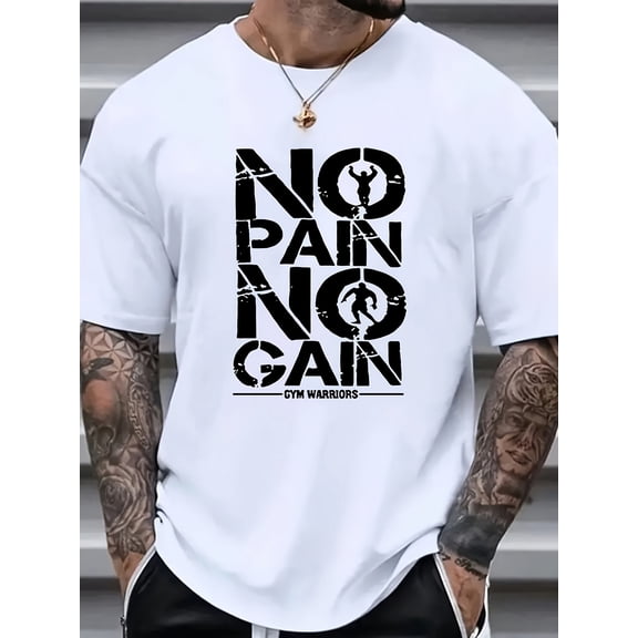 Plus Size 'No Pain No Gain' Print Men's Casual Tees Short Sleeve Breathable Comfy T-Shirt Tops, Men's Summer Clothing