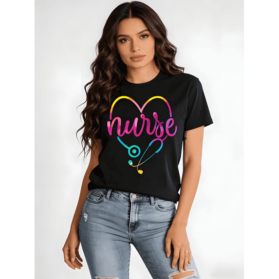 Plus Size Nurse Gradient Heart Stethoscope T-Shirt For Women Casual Short Sleeve Medical Tee, Nurse Graduation Gift