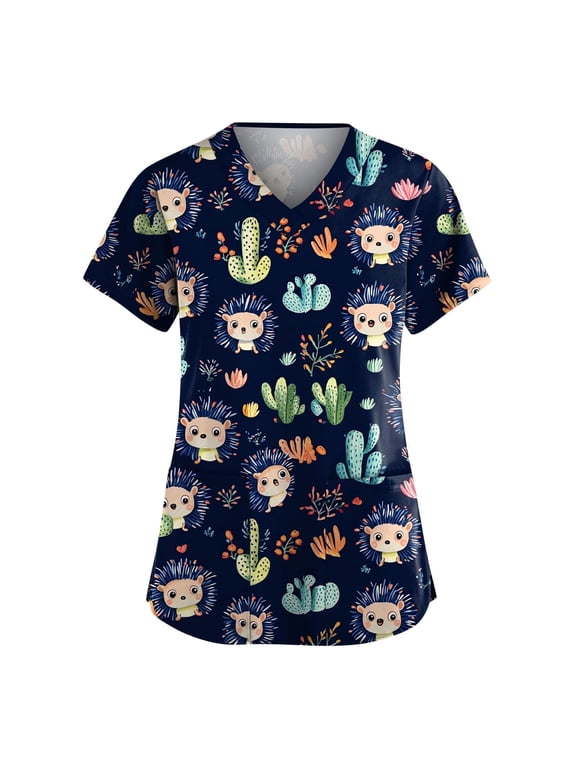 Women's Print Short Sleeve Scrub Top, V‑Neck Pockets Loose Breathable Polyester‑Spandex Nurse Workwear