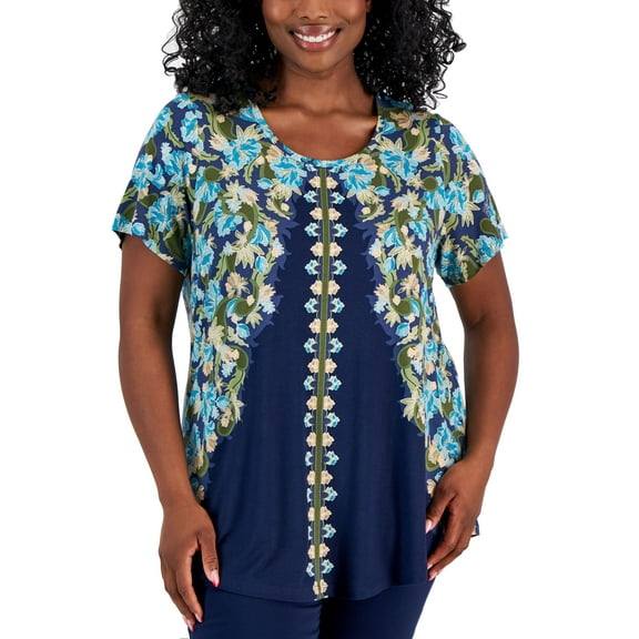 Plus Size Oaklyn Ornate Print Short-Sleeve Top Intrepid Blue Combo 1X