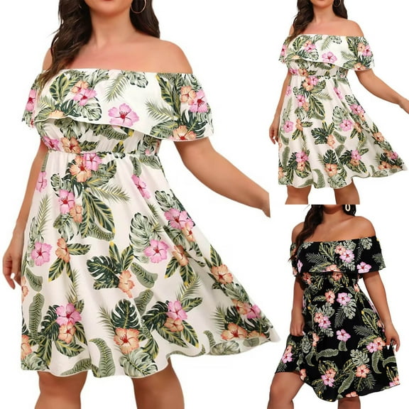 Plus Size Off Shoulder Dress for Women Summer Floral Ruffle Short Sleeve Casual Flowy Boho Beach Sundress