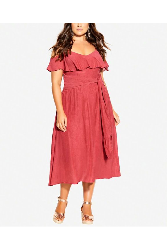 Plus Size Off Shoulder Ruffle Sleeve Wrap Waist Dress Raspberry