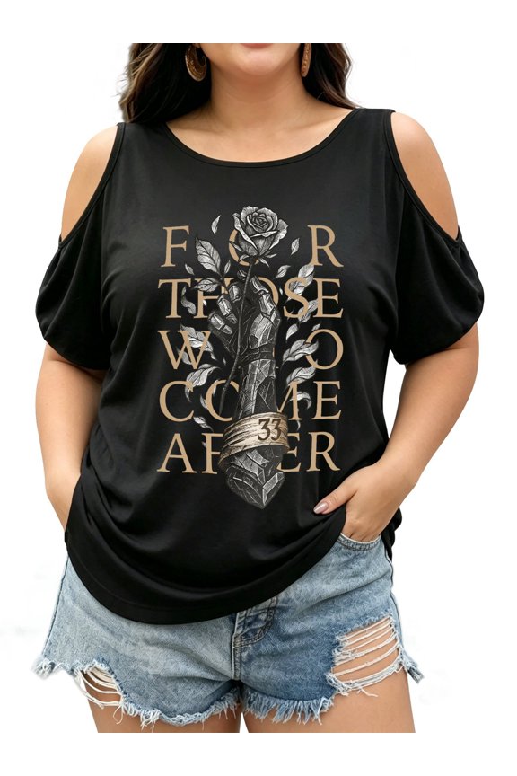 Plus Size Off Shoulder Tie Graphic Print T-Shirt For Those Who Come After Back Print Masonic T-Shirt - Armor Hand & Rose Graphic Tee For Men