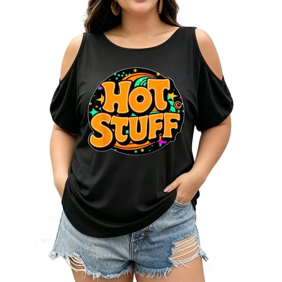 Plus Size Off Shoulder Tie Graphic Print T-Shirt Hot Stuff 1970'S Cool Retro Vintage Decal Novelty T-Shirt Fashion Men'S T-Shirt