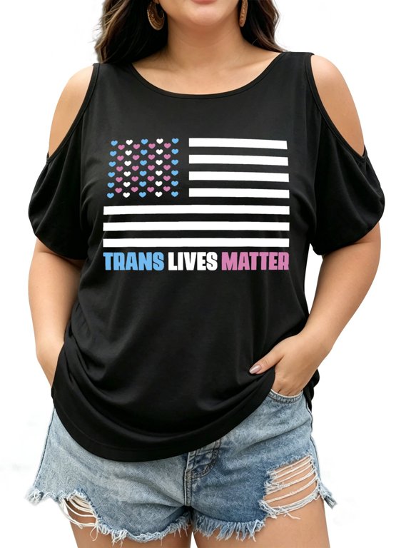 Plus Size Off Shoulder Tie Graphic Print T-Shirt Trans Pride Flag LGBTQ T-Shirt Black Shirt With American Flag Design