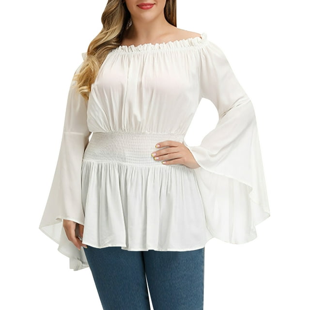 Plus Size Off the Shoulder Smocked Tops for Women Long Sleeve