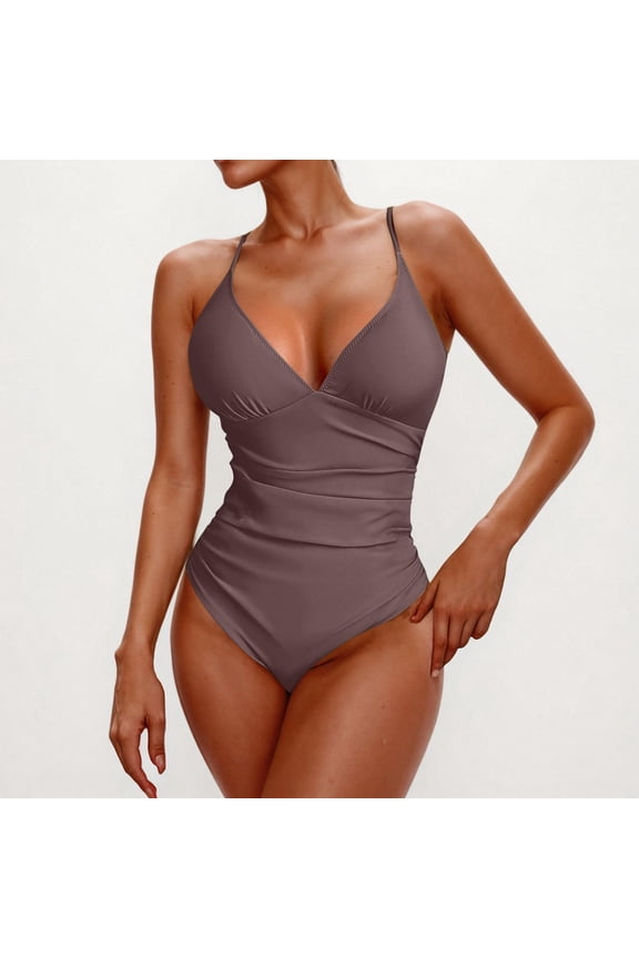 Plus Size One Piece Bathing Suit For Women Solid Color Piece Suspender Bikini Coffee Bathing Suit∣M