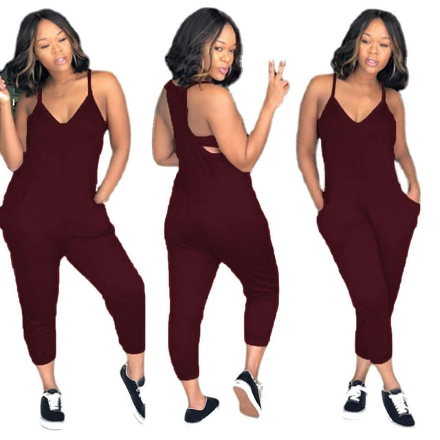 Plus Size One Piece Sexy Solid Color V-Neck Sleeveless Rompers,Womens ...