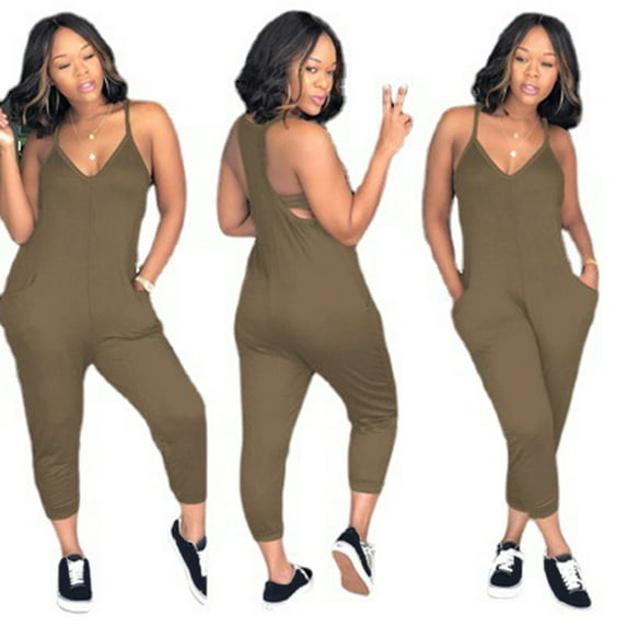 Plus Size One Piece Solid Color V-Neck Sleeveless Rompers,Womens Camisole Rompers Casual Jogger with Pockets