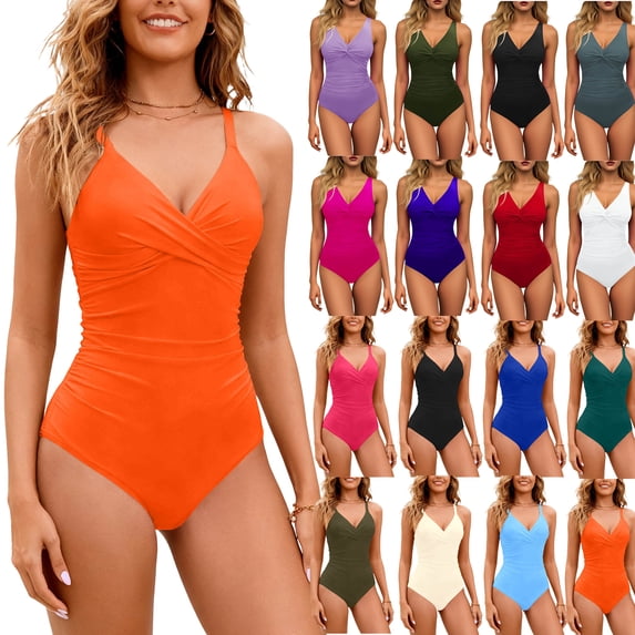 Plus Size One Piece Swimsuit For Women Solid Color Adjustable Frenum Flounce Backless Bikinis Orange Swimsuits Bikini∣M