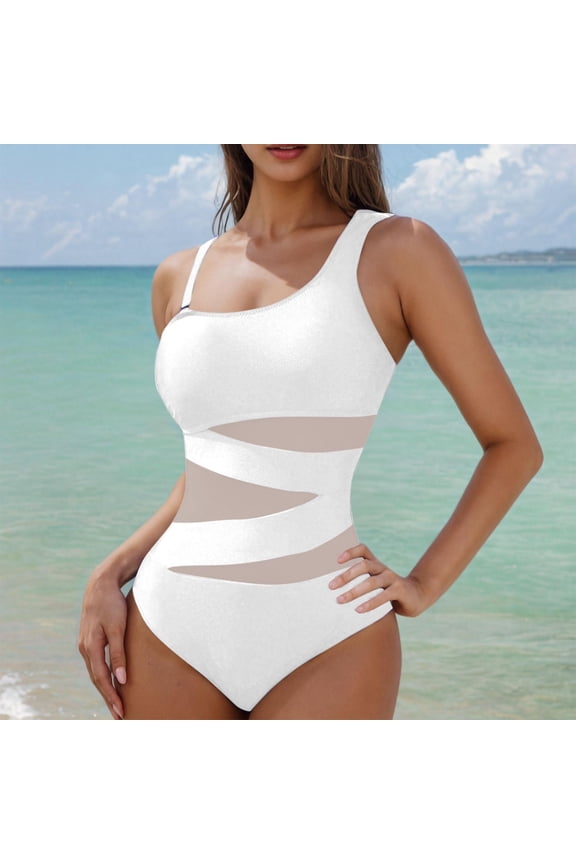 Plus Size One Piece Swimsuit For Women Solid Color No Buckle Adjustable Backless Cute Swimsuits White∣S-2XL