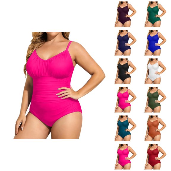 Plus Size One Piece Swimsuit Women V Neck Ruched Tummy Control Bathing Suit Swimwear