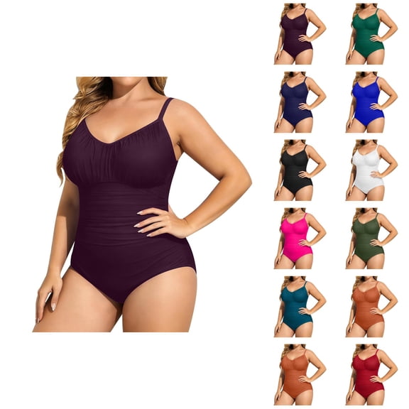 Plus Size One Piece Swimsuit Women V Neck Ruched Tummy Control Bathing Suit Swimwear