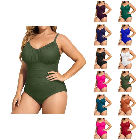 Plus Size One Piece Swimsuit Women V Neck Ruched Tummy Control Bathing Suit Swimwear