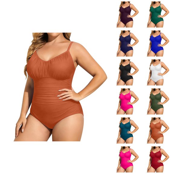Plus Size One Piece Swimsuit Women V Neck Ruched Tummy Control Bathing Suit Swimwear