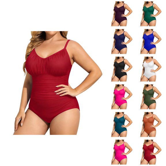 Plus Size One Piece Swimsuit Women V Neck Ruched Tummy Control Bathing Suit Swimwear