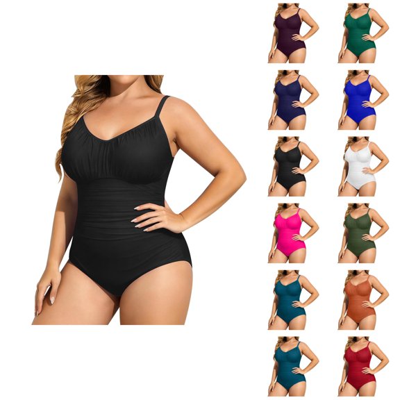 Plus Size One Piece Swimsuit Women V Neck Ruched Tummy Control Bathing Suit Swimwear