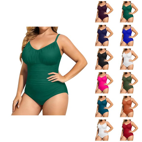 Plus Size One Piece Swimsuit Women V Neck Ruched Tummy Control Bathing Suit Swimwear