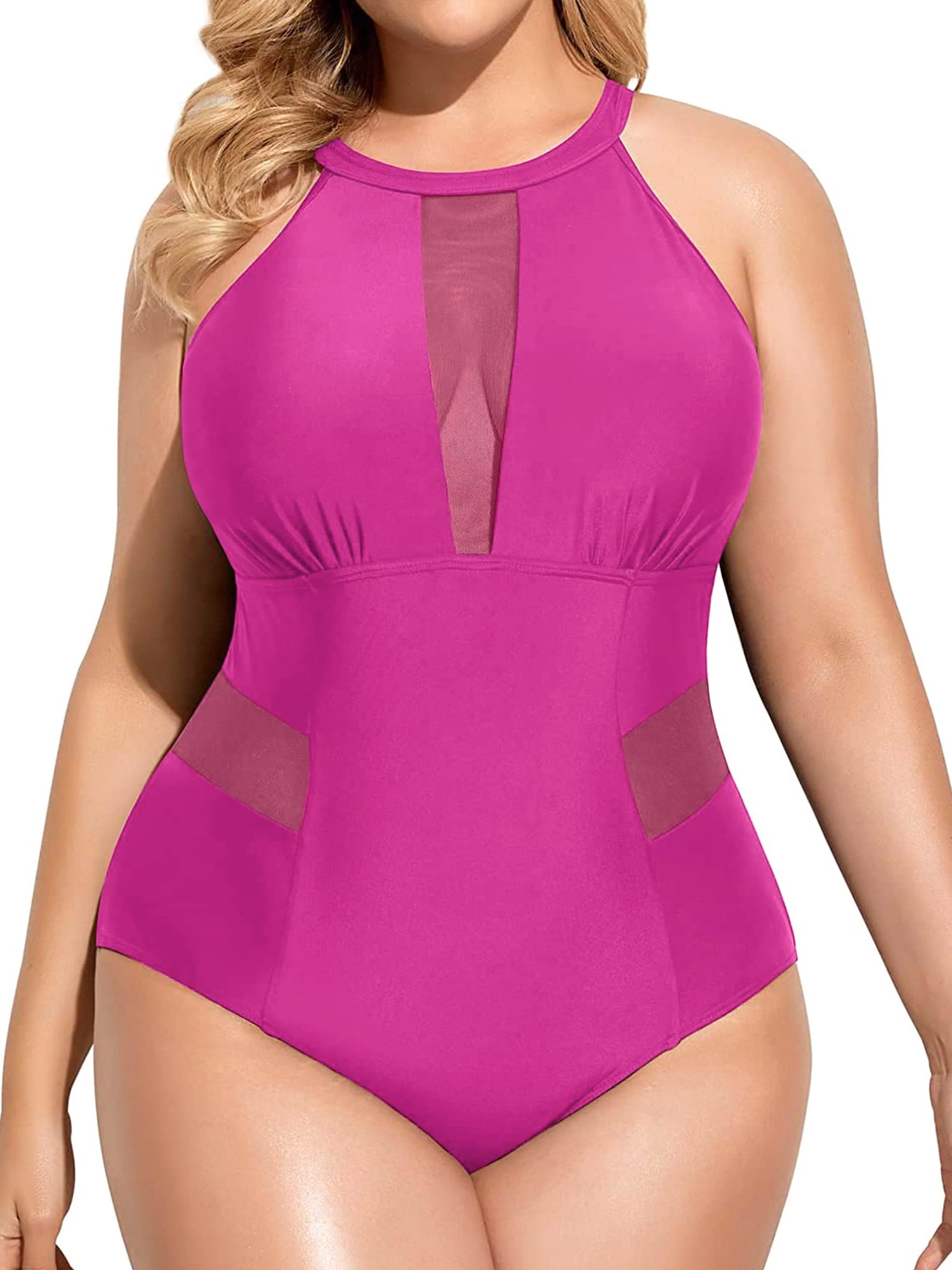 Plus Size One Piece Swimsuit for Women High Neck Plunge Mesh Cut Out