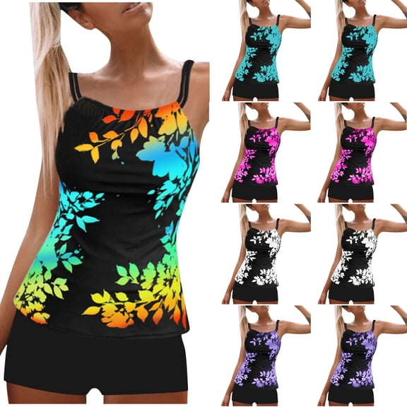 Plus Size One Piece Tankini Swimsuit for Womens Summer Fashion Leaf Print Suspender With Chest Pad Swimsuit Shorts Two-piece Conservative Swimsuit Beach Swimsuit