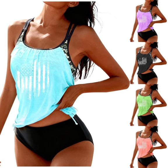 Plus Size One Piece Tankini Swimsuit for Womens Summer Fashion Loose Drawstring Split Swimsuit