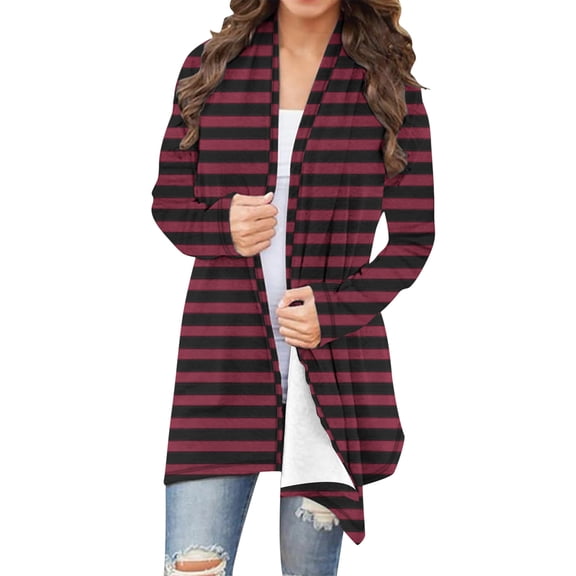 Plus Size Open Front Cardigans for Women Lightweight Striped Casual Fall Cardigan Tops S-5X Loose Comfy Outerwear (2XL, red)