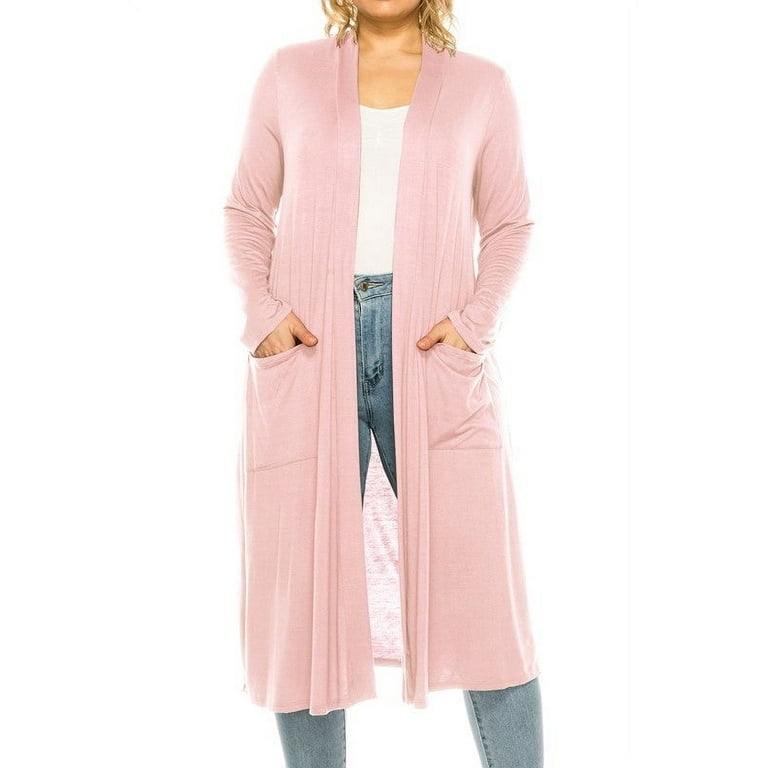 Plus Size Open Front Long Duster Cardigan-Light Pink / XL 